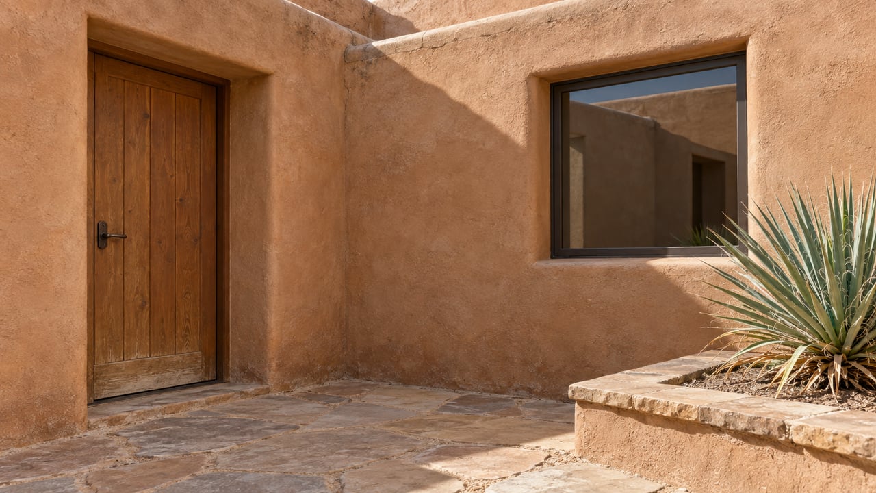 Clay-colored stucco home with a recessed wooden door, bronze-framed window, worn sandstone courtyard and a single blue-green yucca in a raised masonry bed.