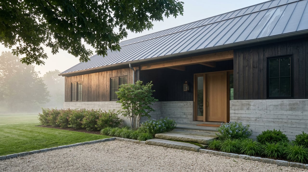 Modern home with charred cedar siding, concrete walls, and a timber-framed entry above fieldstone steps.