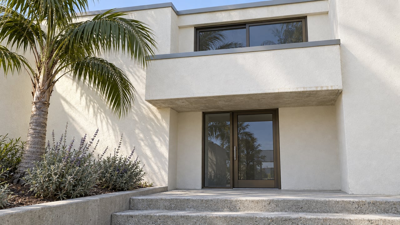 Morning light on a white stucco residence with a solid balcony, bronze-framed glass entry, concrete steps, and a sculptural palm.
