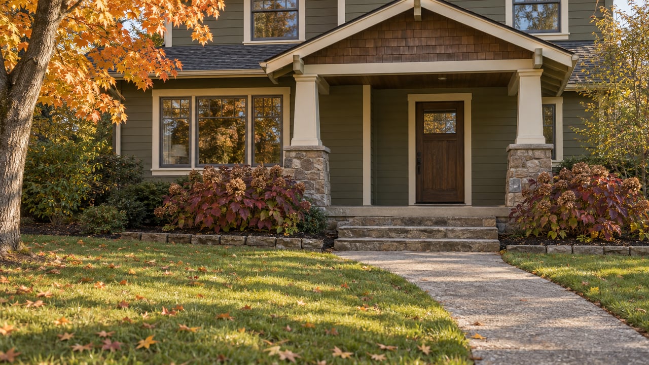 Olive-sided Craftsman home with a stone porch, timber posts, and an autumn lawn in warm afternoon light.