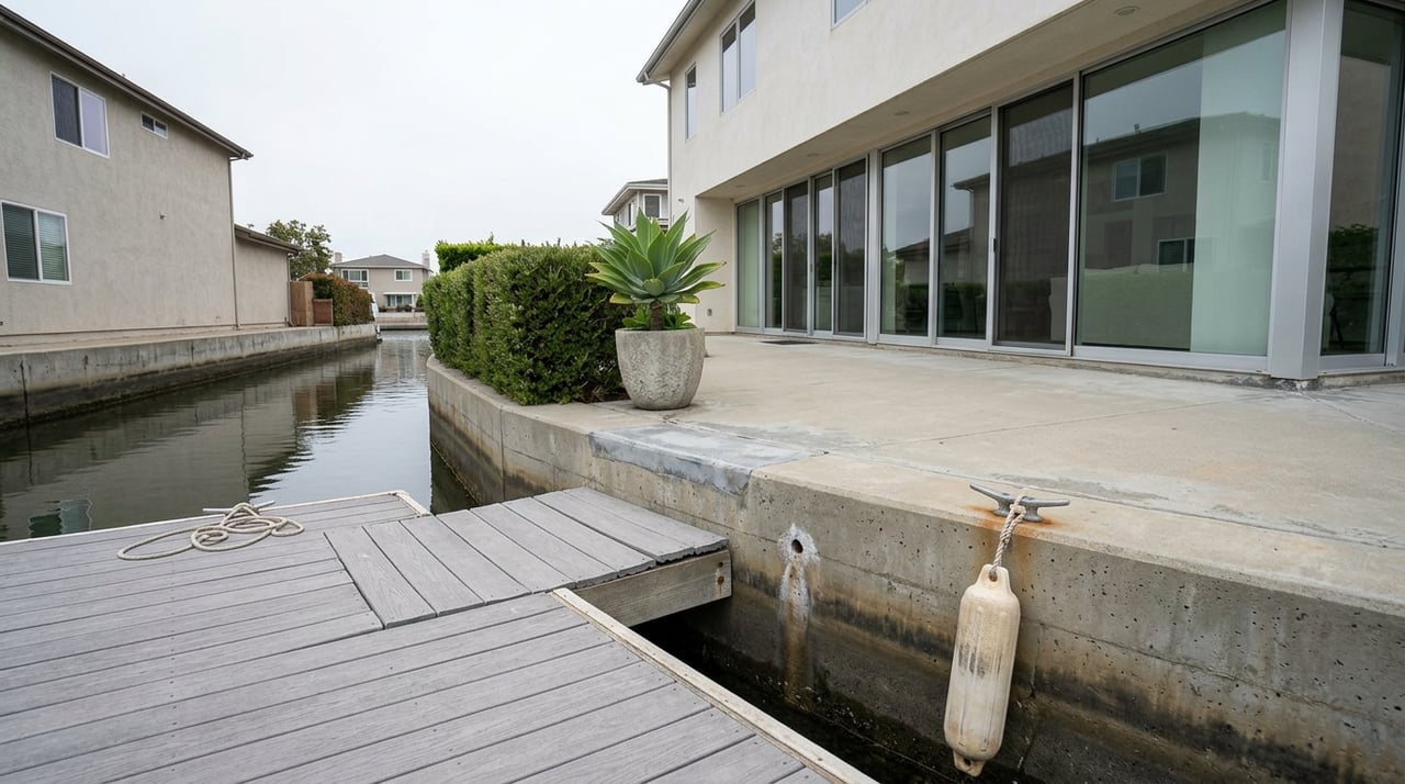 Waterfront home's glass-and-stucco facade behind a stained concrete bulkhead, dock boards, and a potted agave.