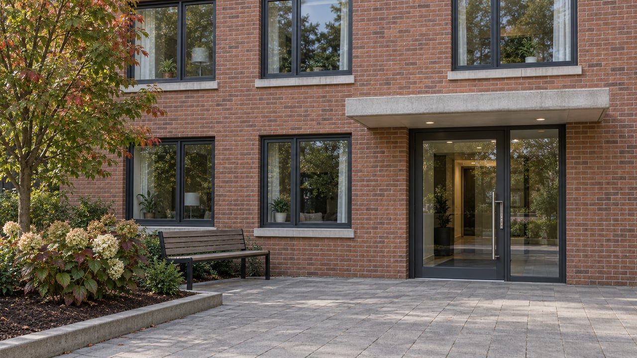 Brick apartment entrance with charcoal-framed windows, a timber bench and a landscaped paved approach in soft afternoon light.