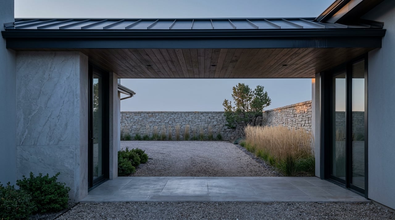 Stone-and-cedar entry alcove opens onto a gravel motor court, feather reed grasses, and a low stacked-stone wall.