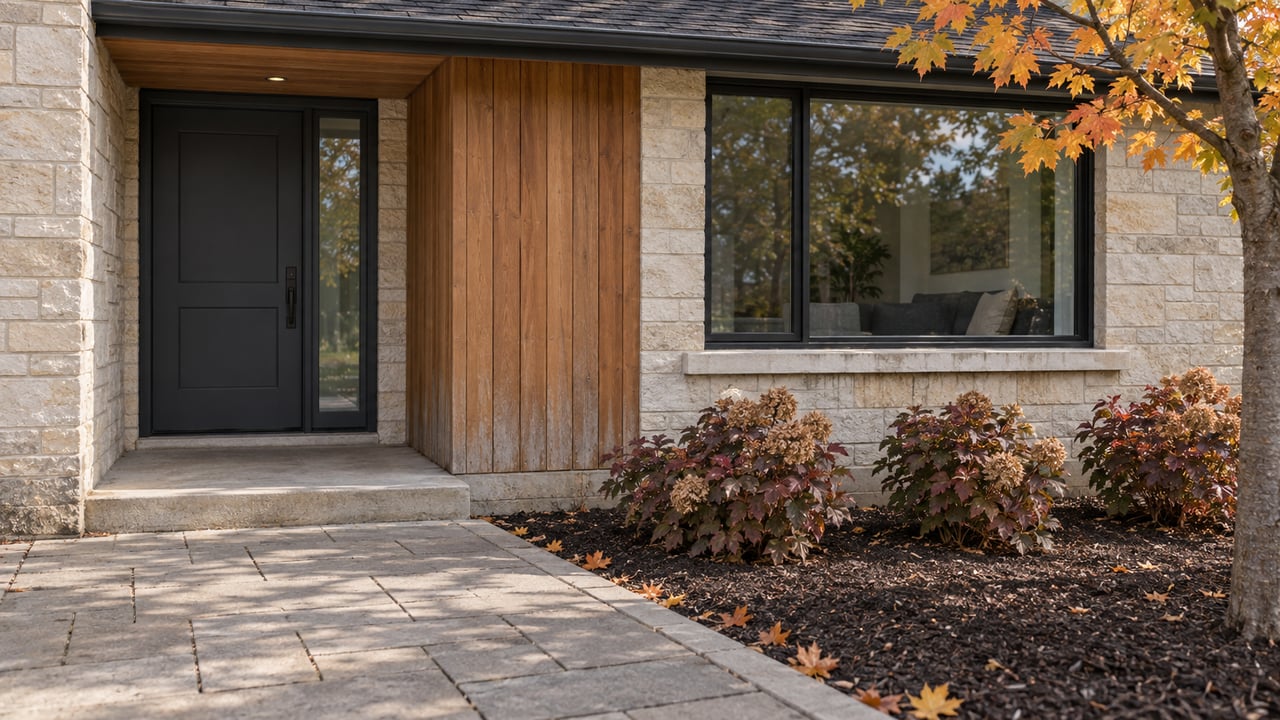 An updated home with limestone and cedar siding, a recessed front entrance, and an autumn garden beside a paved approach.
