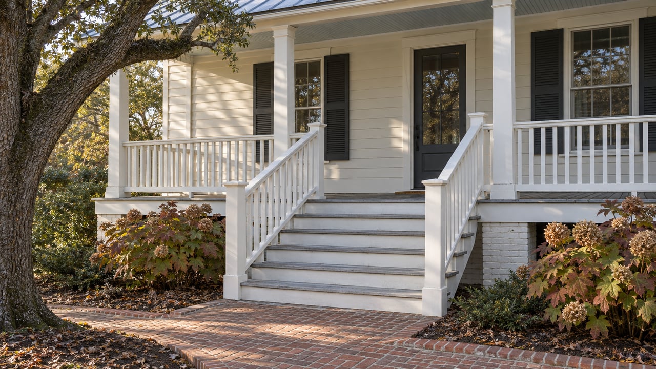 Morning light on the brick approach, white timber stairs and shaded entrance of a raised coastal home beside a mature live oak.