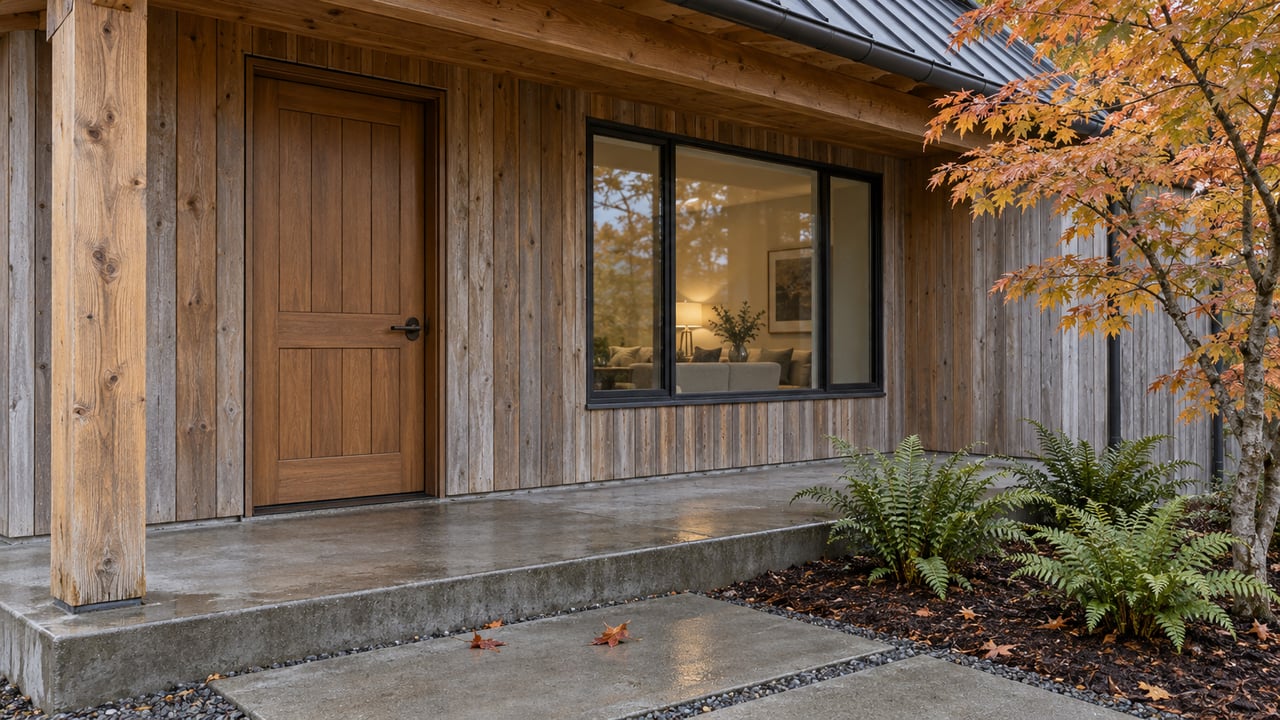 Cedar-clad home entry with a covered concrete porch, bronze door hardware, autumn vine maple and sword ferns.
