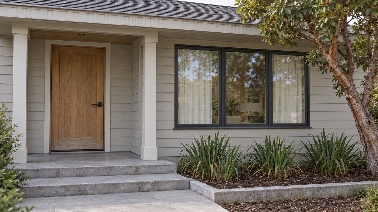 Home entrance with a wooden front door, broad black-framed window, and concrete steps.
