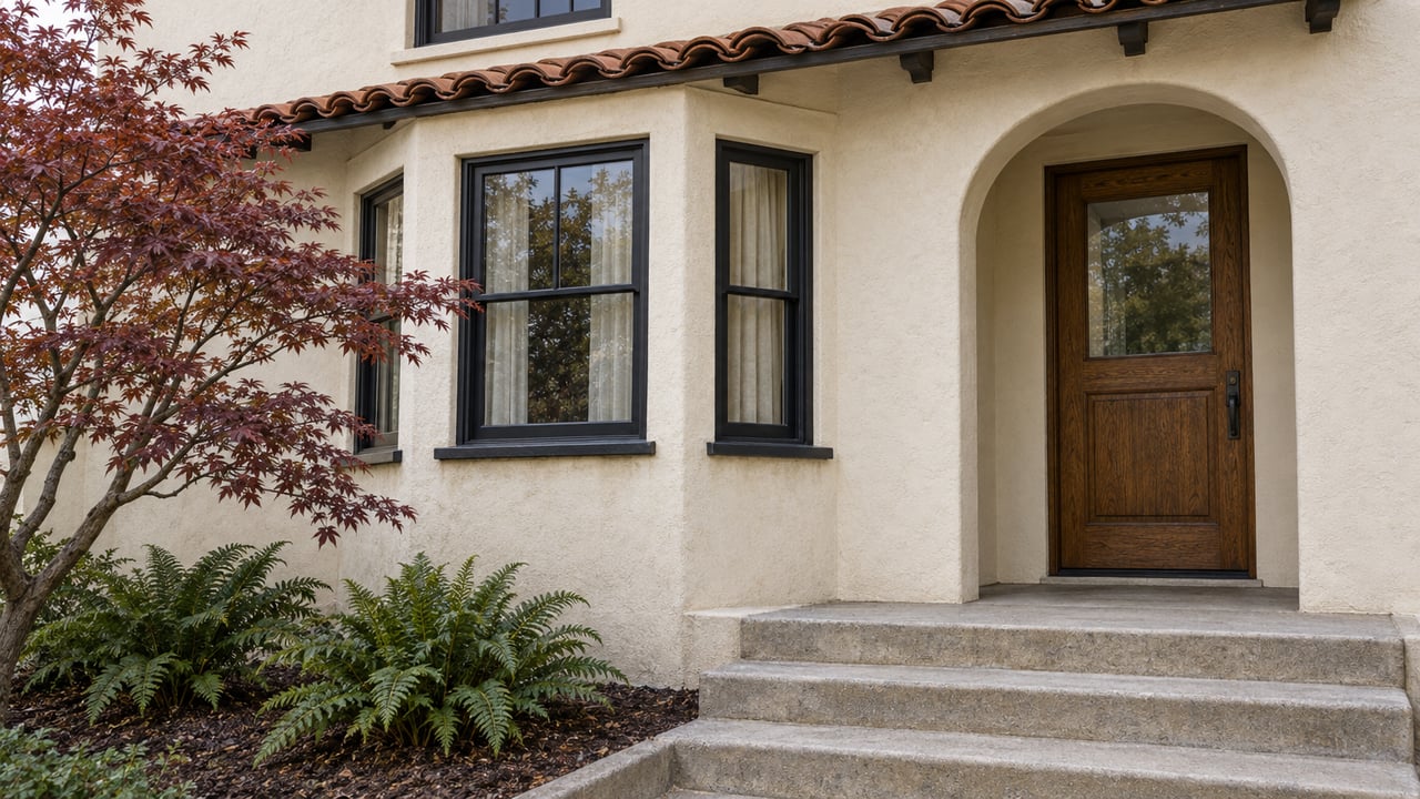 Warm stucco residential entrance with an arched oak door, projecting sash windows, concrete steps, and a red-leaved Japanese maple.
