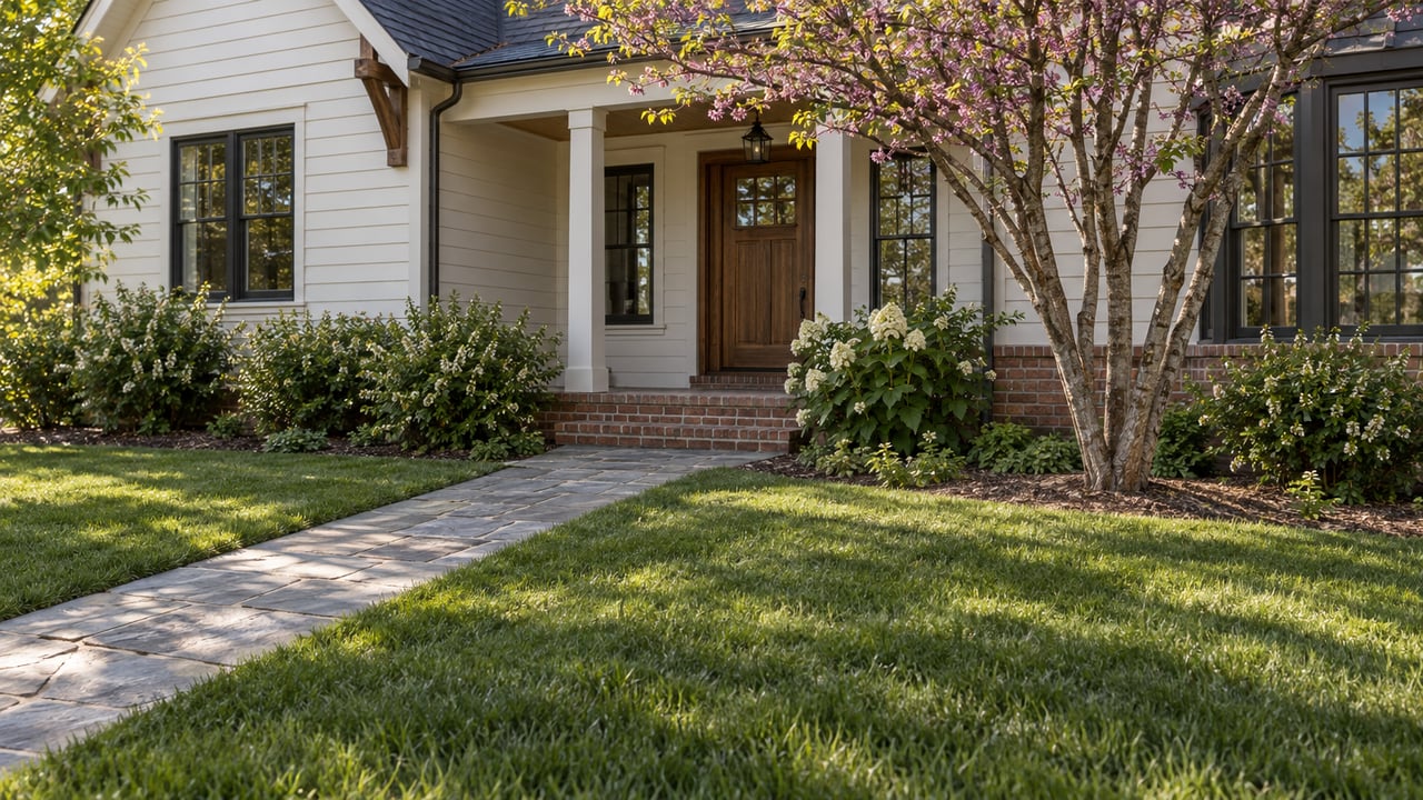 Detached off-white house with a brick foundation, bluestone walkway, broad lawn, and a multi-stem tree.