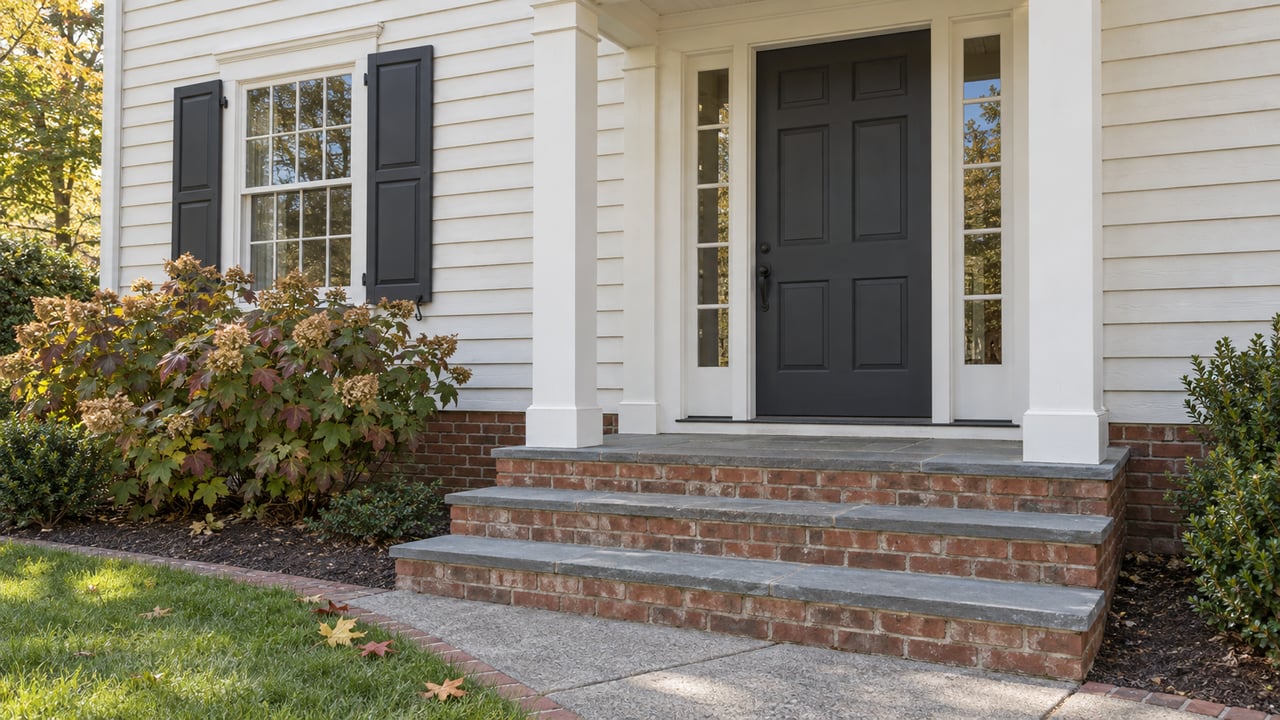 White-sided house entrance with a black front door, brick steps, and autumn shrubs.