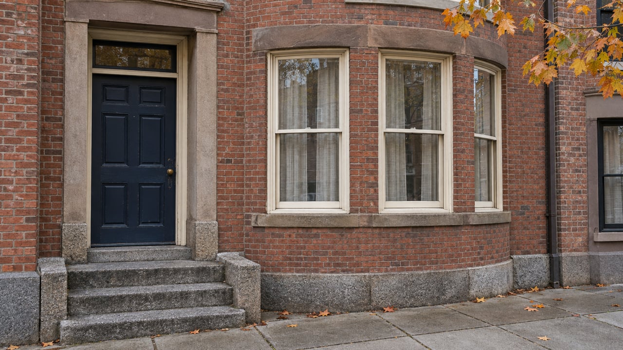 Historic red-brick home with a navy door, worn granite stoop, ivory bow windows and scattered amber maple leaves.