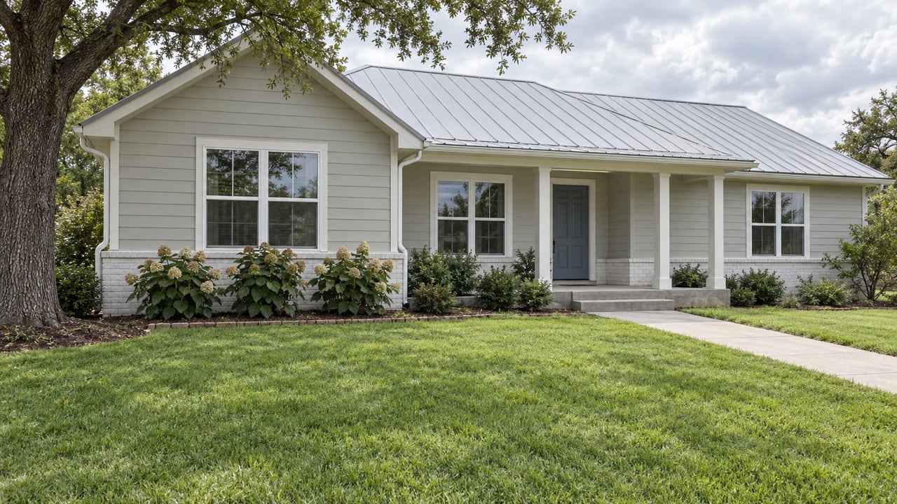 Pale-gray single-story home behind a deep green lawn, with a covered front entry and a mature spreading oak.