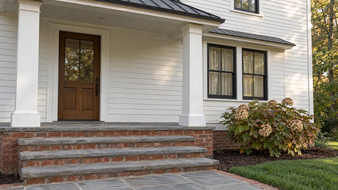 White-clapboard home with a walnut front door, black-framed windows, brick steps and bluestone treads beside an oakleaf hydrangea.