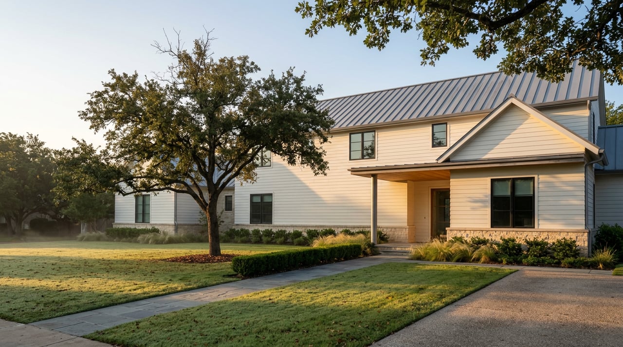 Two-story warm-white home with a gray metal roof, black-framed windows, and a mature oak beside the lawn.