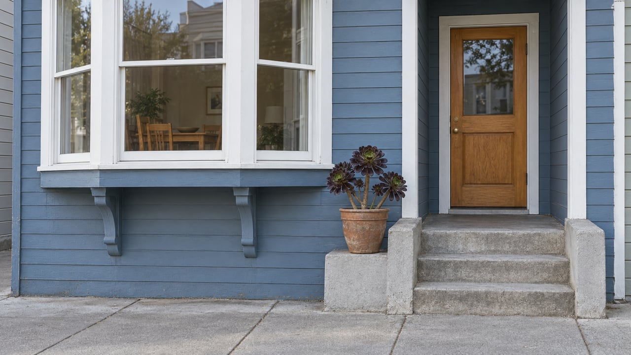 Muted blue wood-sided home with white-trimmed bay windows, a recessed wooden entry door, and worn concrete steps beside a terracotta planter.
