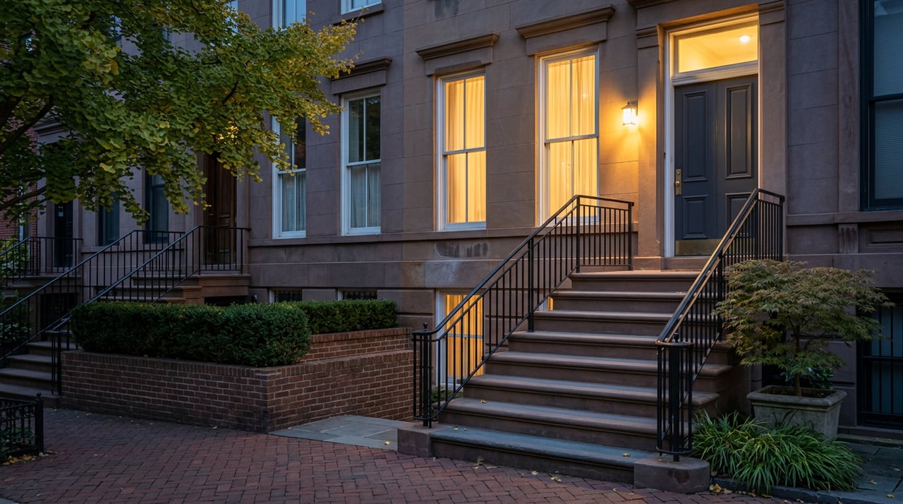 Brownstone stoop and iron rail beneath glowing parlor windows, with a ginkgo tree at dusk.
