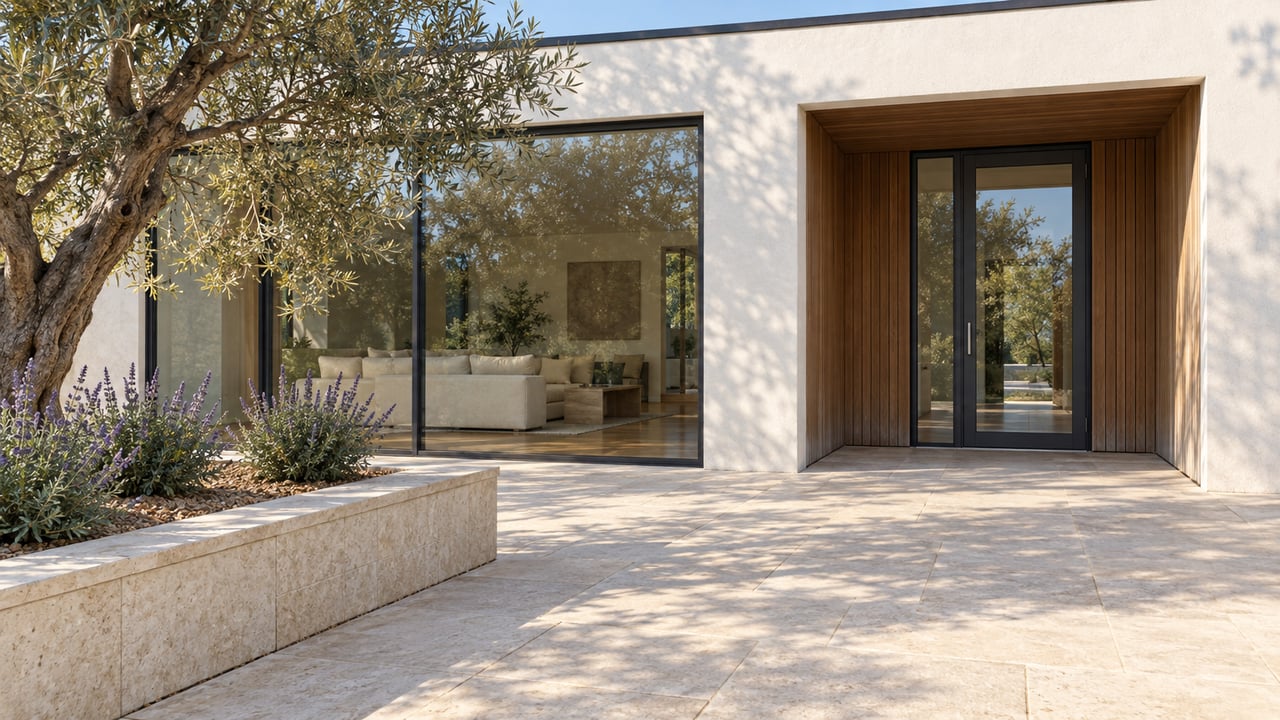 Morning light across a limestone entry terrace beside a white stucco home with charcoal-framed glazing, a cedar-lined doorway and a mature olive tree.