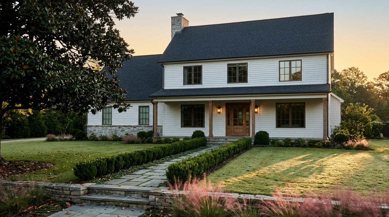 Two-story stone-and-siding home framed by a magnolia, with a bluestone walkway across a manicured lawn.