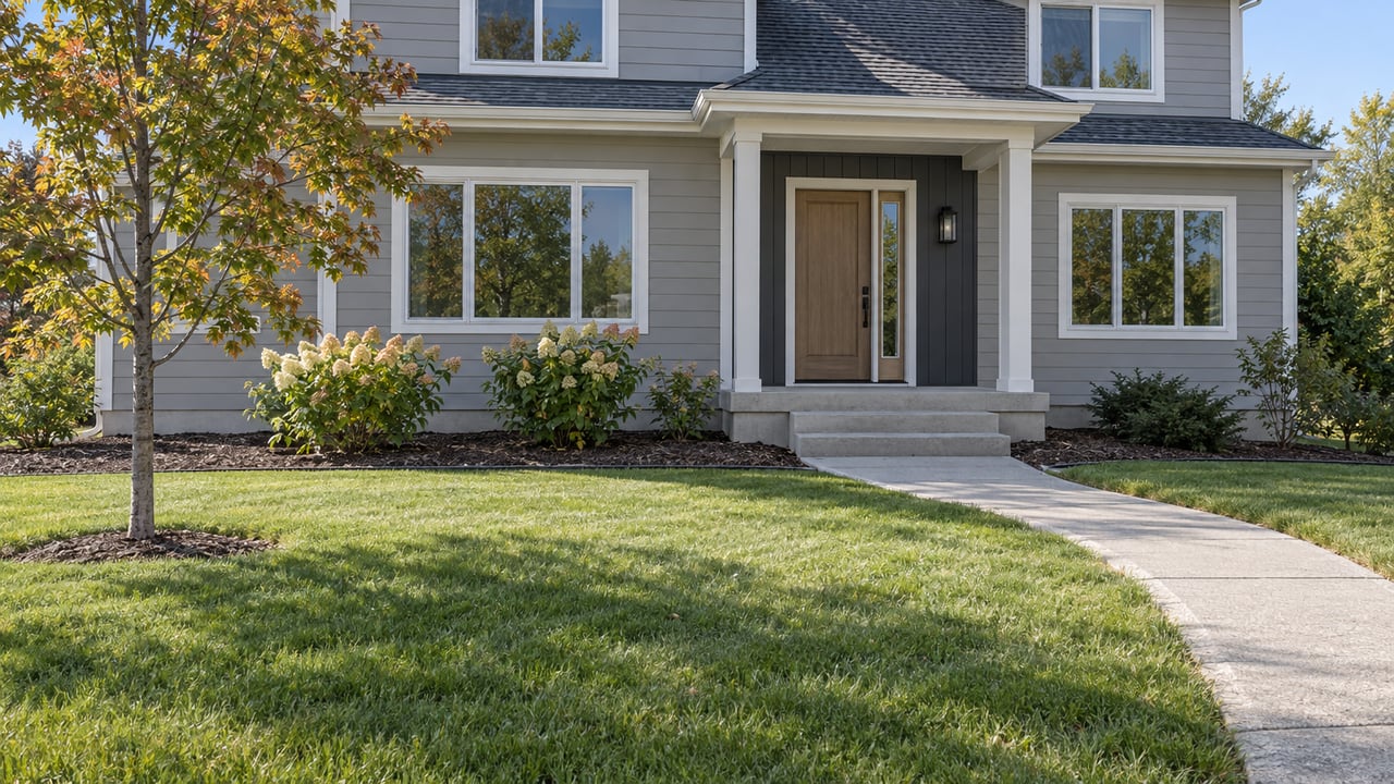 Light-gray two-story home with a covered porch, broad autumn lawn, a young bur oak and flowering hydrangeas.