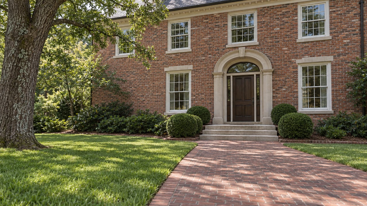 Red-brick home with an arched limestone entry, worn brick approach, trimmed boxwoods and a mature oak.