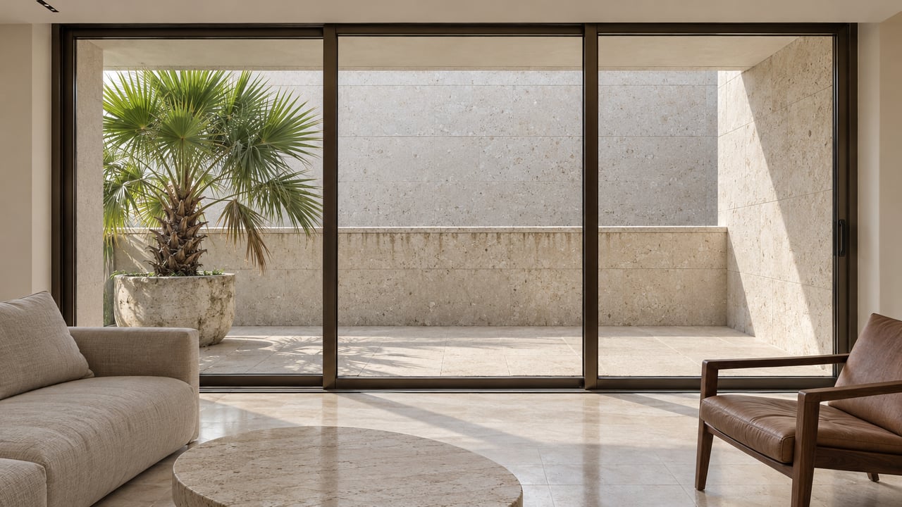 Sunlit limestone condominium living room with linen seating and bronze-framed glass doors opening visually onto a recessed palm-planted balcony.