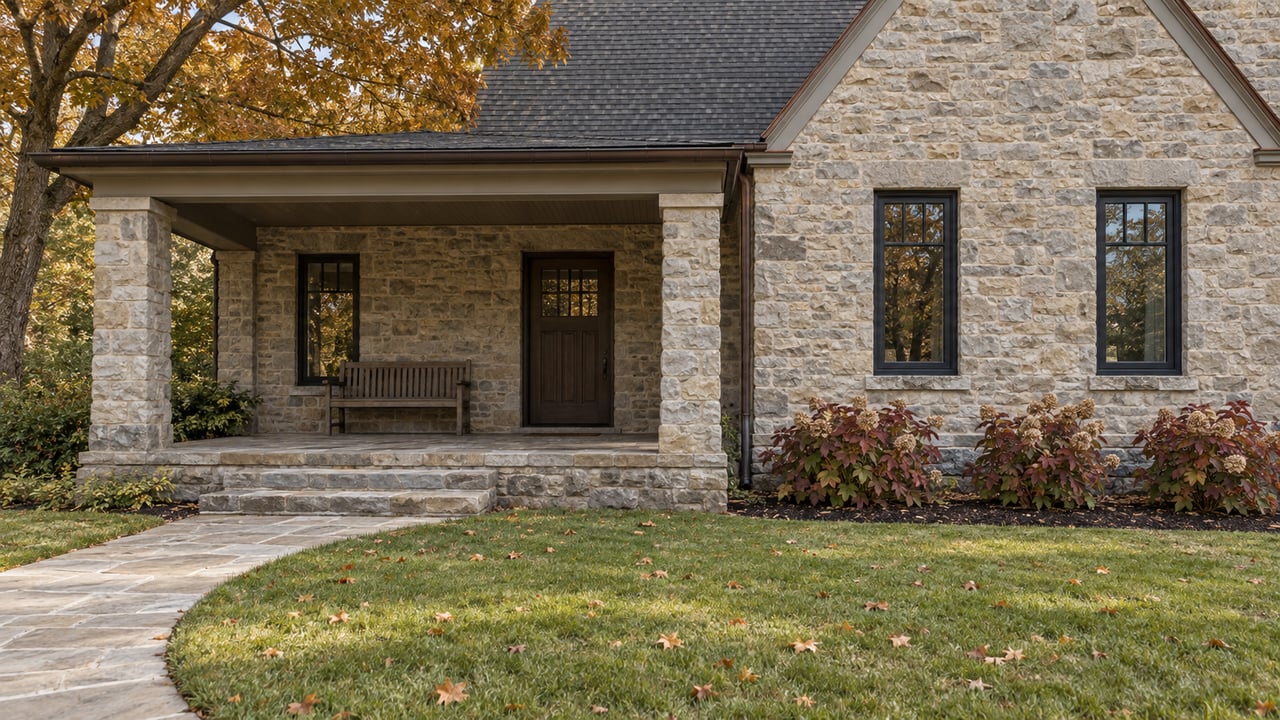 Stone home with a deep covered porch, dark framed windows and a broad autumn lawn beneath a maple tree.