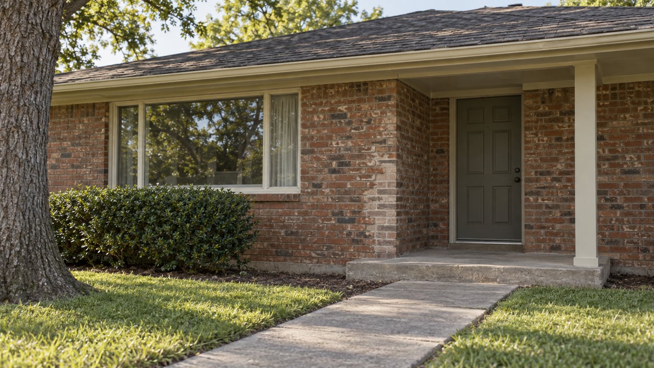 Brick ranch entry with a closed wood door, broad window, repointed brick patch, and concrete walk.