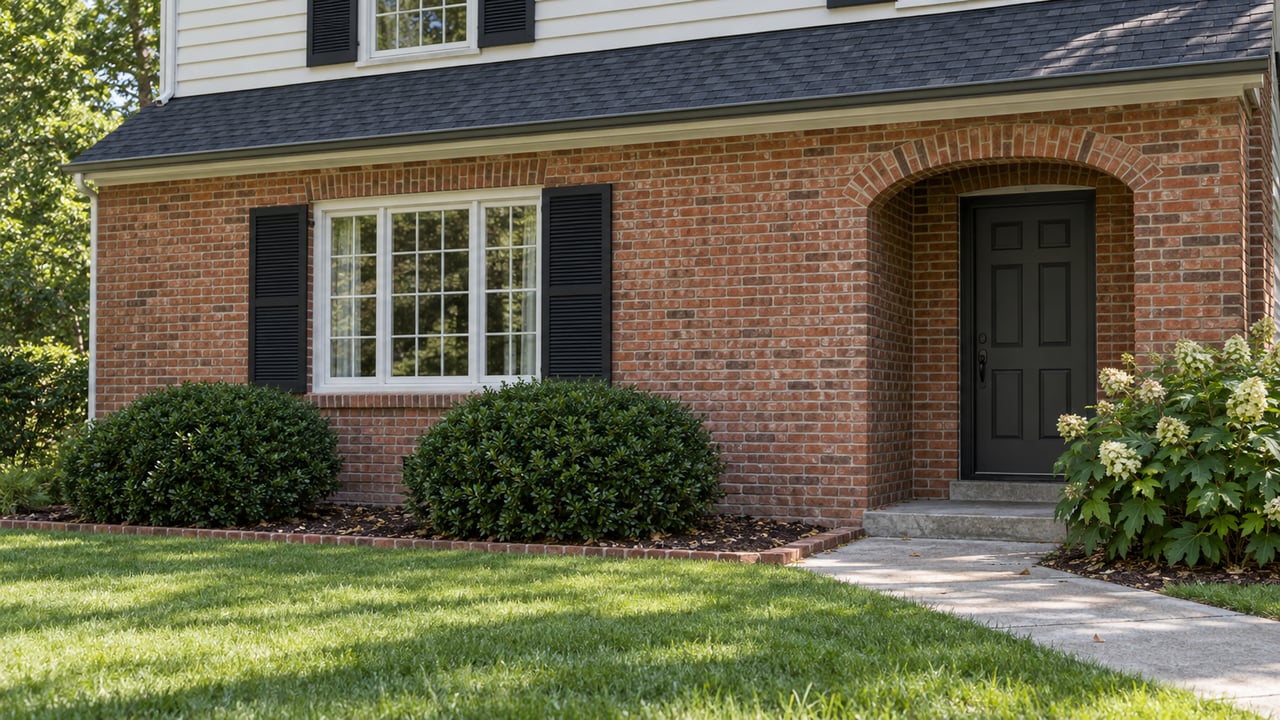 Two-story brick house with an arched charcoal entry, shuttered windows, and lawn in the foreground.