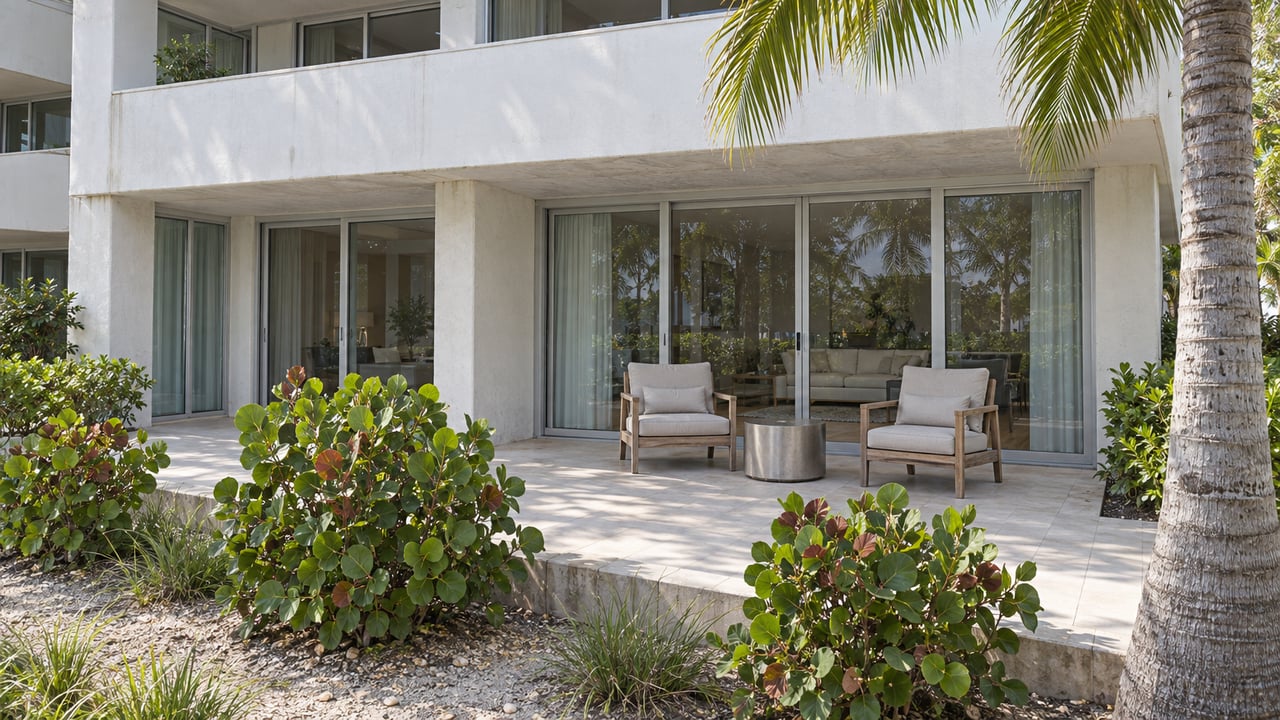 Sunlit condominium terrace with white stucco, closed sliding glass doors, teak chairs, and a royal palm beside sea grape planting.
