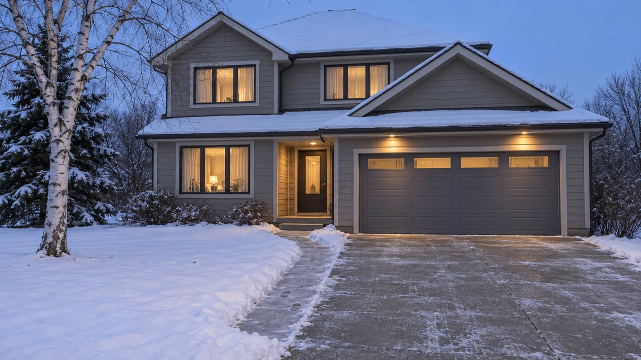 Snow-covered yard and cleared driveway leading to a gray cross-gabled home with warmly lit windows at blue hour.