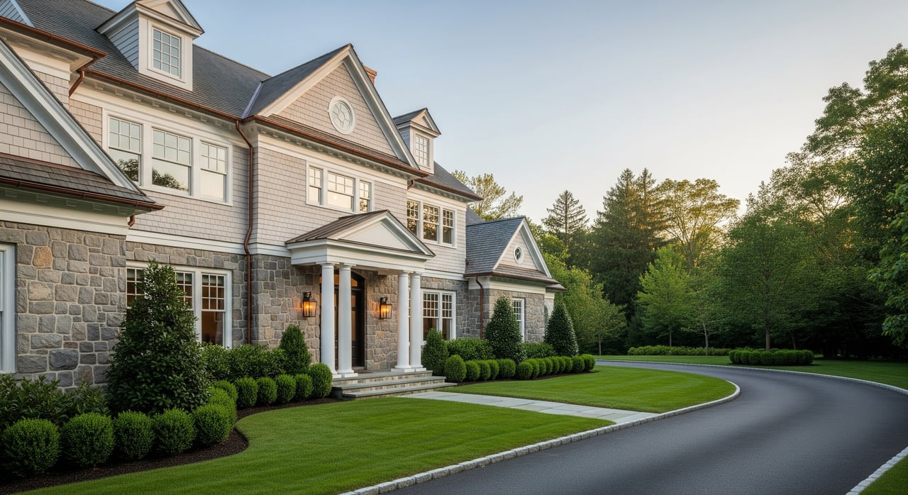 Large stone-and-brick mansion with white columns, clipped shrubs, and a curved driveway.