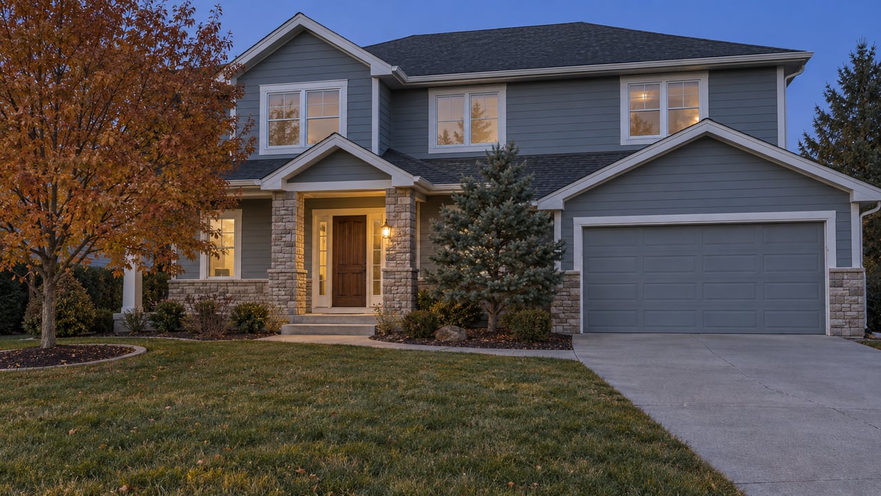 Blue-gray two-story home at dusk with stone porch columns, a broad front lawn, an autumn maple and a sculptural evergreen.