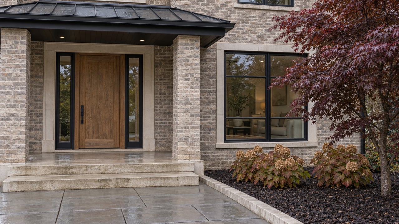 Brick home entry with an oak door, paired glazed sidelights, limestone steps, and burgundy Japanese maple beside damp paving.