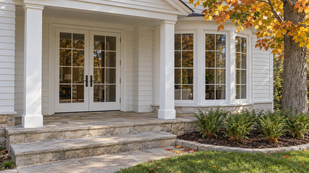 White home entrance with glass double doors, bay windows, and broad stone steps beneath autumn leaves.