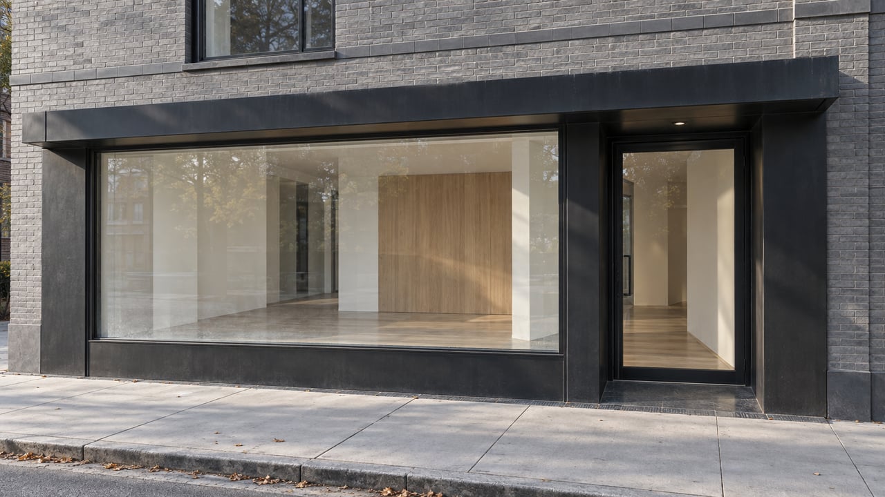 Gray-brick urban storefront with a black-framed upper window, glazed entry, and pale sidewalk.