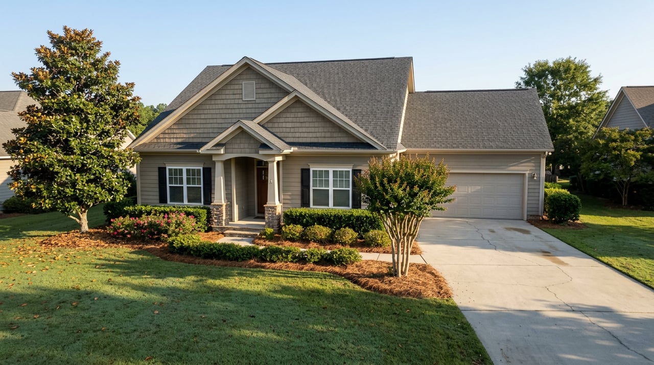 Front-gabled suburban home with stone porch piers, broad lawn, concrete driveway, and mature magnolia.