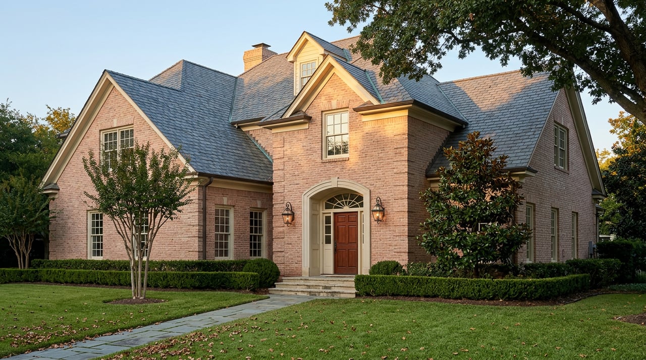 Two-story brick estate with arched entry, slate-gray gables, clipped hedges, and a broad lawn beneath oak branches.