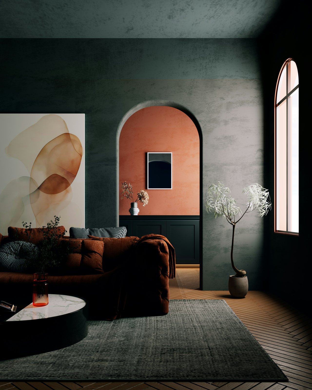 Living room with a rust-colored sofa, terracotta arch, and tall arched window.
