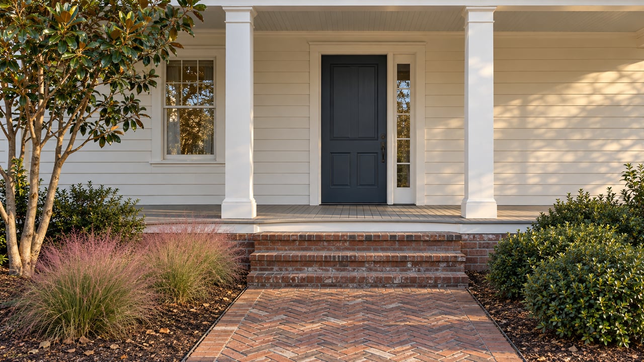Cream clapboard home with a navy-gray door, brick steps, magnolia tree, and compact planted borders.