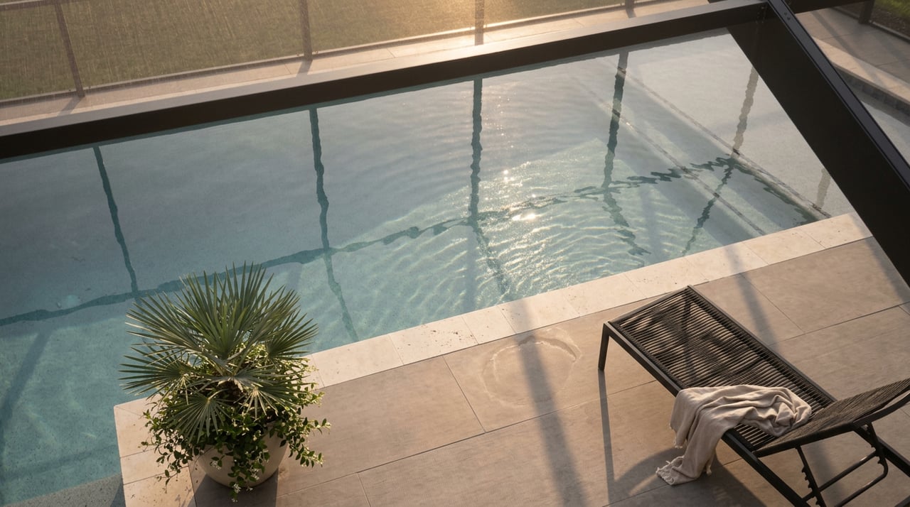 Pool water striped with mesh shadows, beside a travertine edge and a chaise lounge.