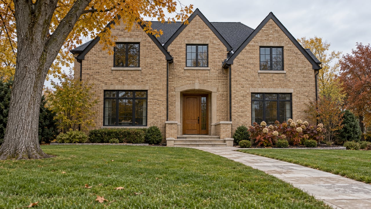 A substantial buff-brick gabled home with black-framed windows, limestone steps, a deep lawn and an autumn sugar maple.