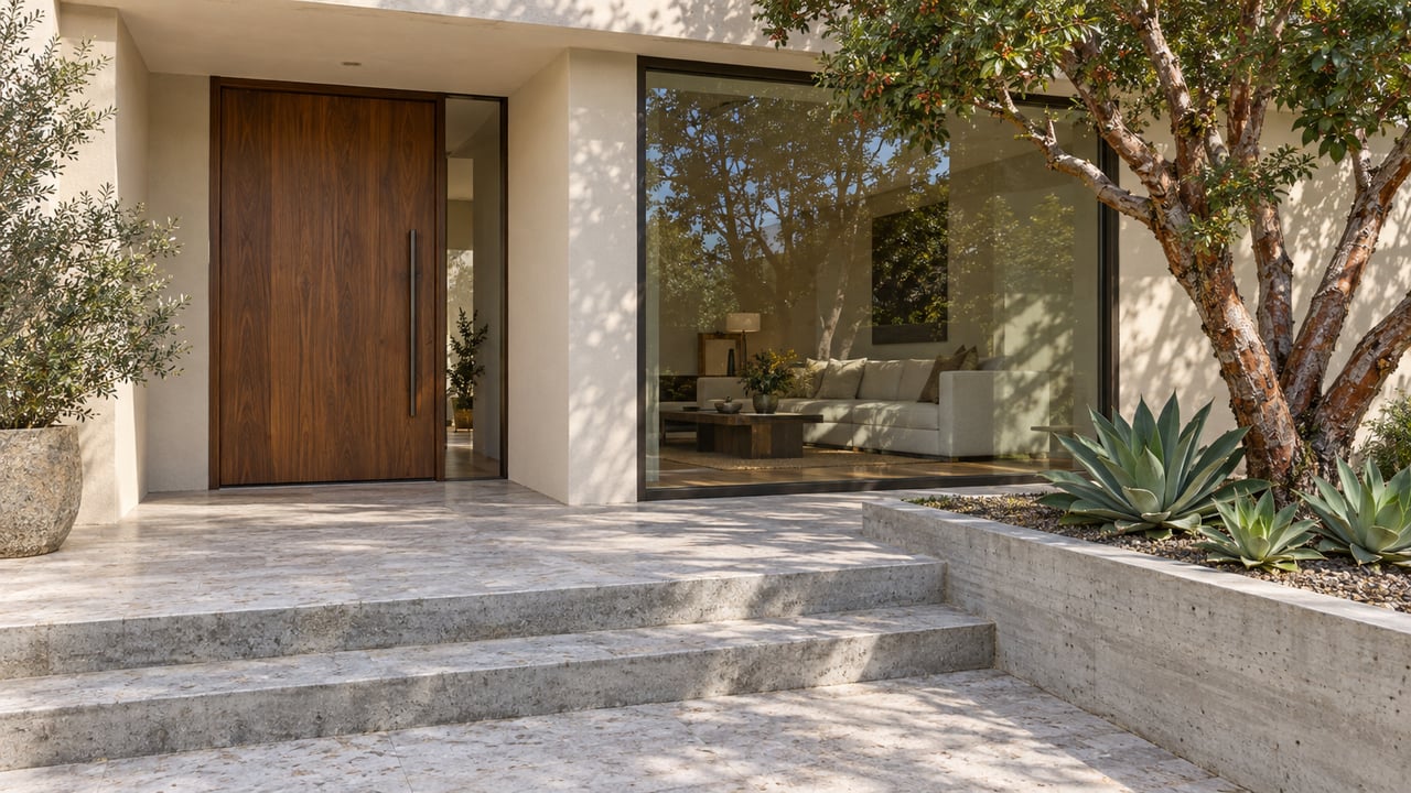 Modern cream-stucco home entrance with walnut door, bronze-framed glass, limestone landing and a sculptural strawberry tree.