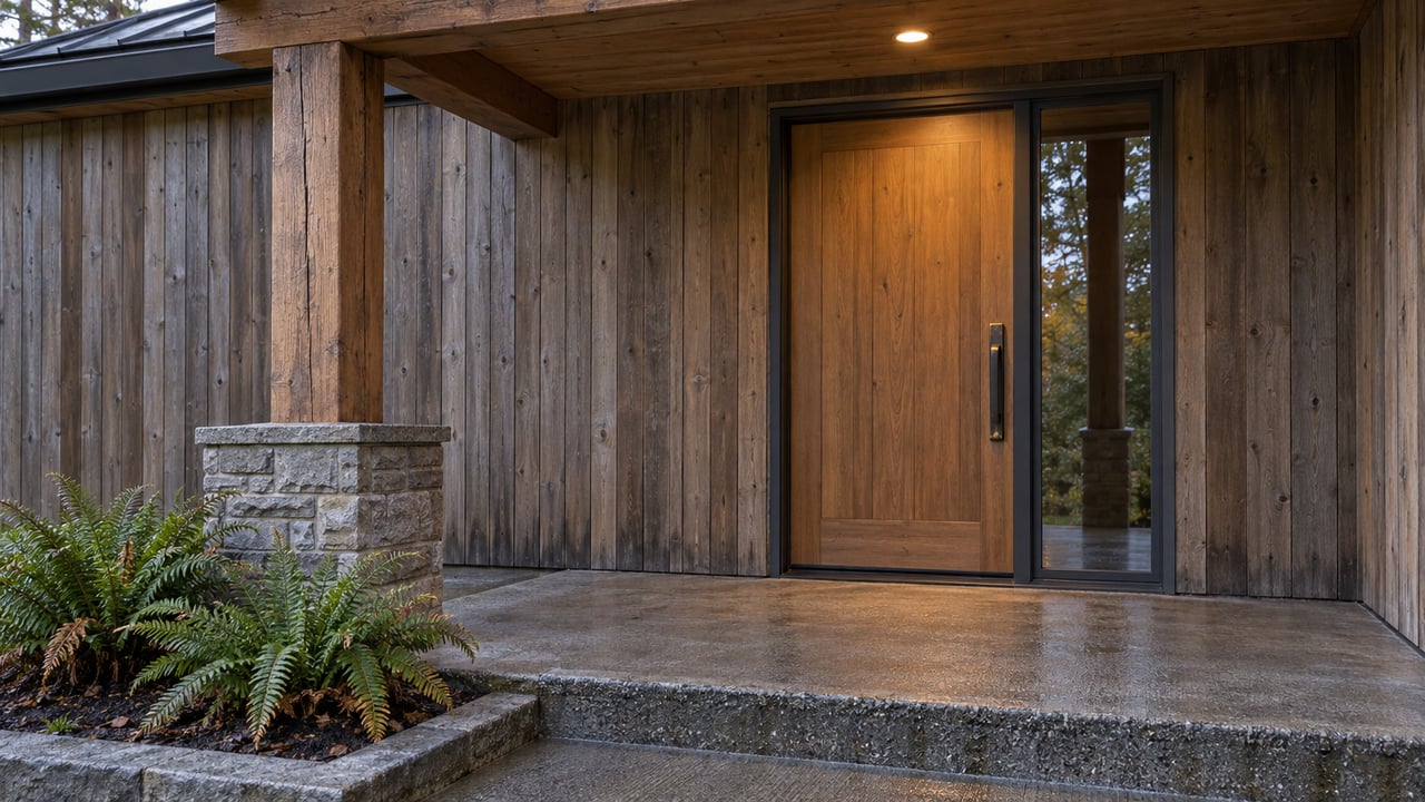 Covered cedar entry with a closed wood door, glazed sidelight, stone-based timber post and two sword ferns beside a damp concrete step.