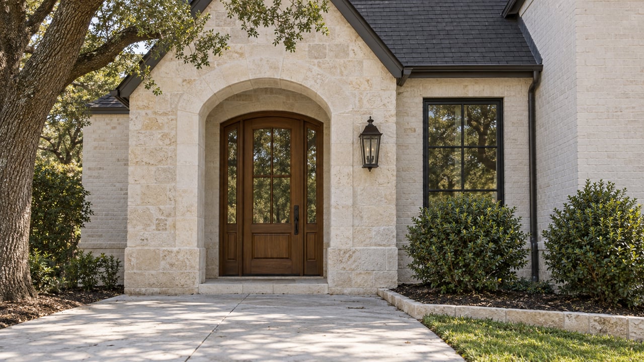 Detached house entry with an amber wood door beneath a limestone arch and a black-framed window.