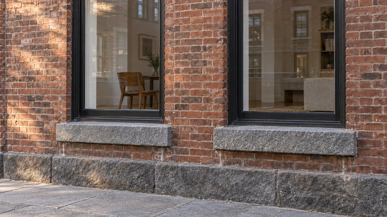 Paired black-framed condominium windows set into weathered red-brown brick above granite sills and a stone sidewalk.
