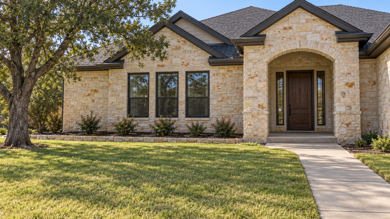 A limestone single-story home with dark gabled roofing, broad front lawn and a recessed arched oak entry in clear daylight.