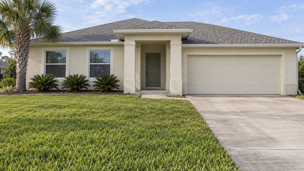 Single-story ivory stucco house with a gray hipped roof, deep front lawn, concrete driveway and a mature palm.