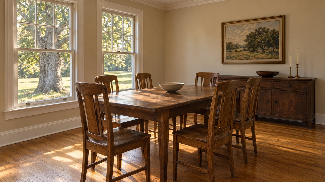 Walnut dining table with six oak chairs beneath two divided-light windows overlooking an oak tree.