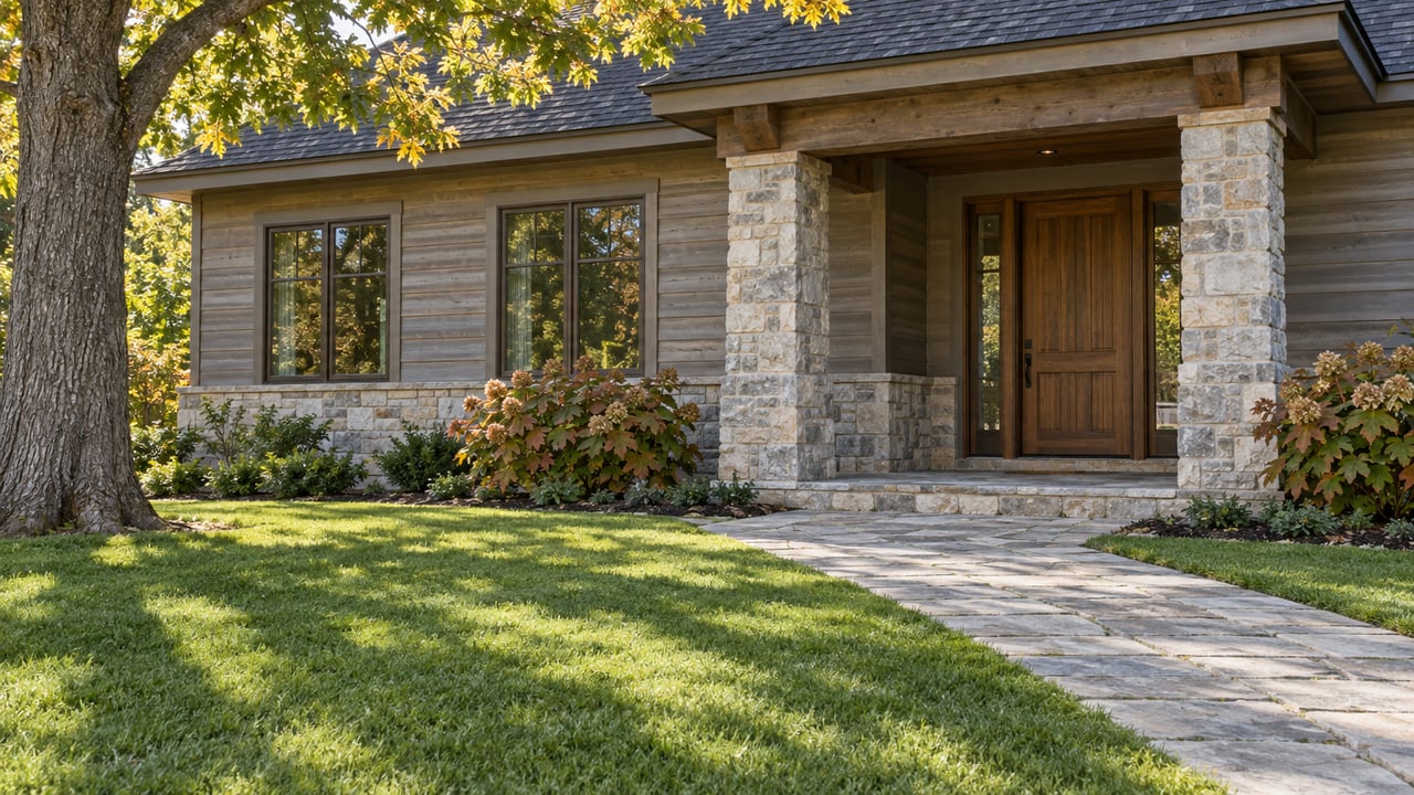 Stone-and-timber house with a recessed wood door, broad lawn, paver walk, and oak tree.