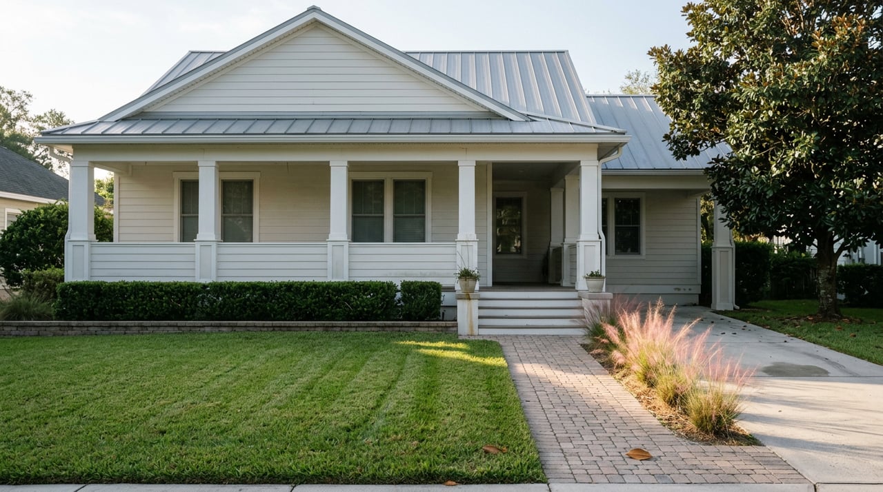 Suburban home with a gray metal roof, deep white-columned porch, broad lawn, and mature magnolia tree.